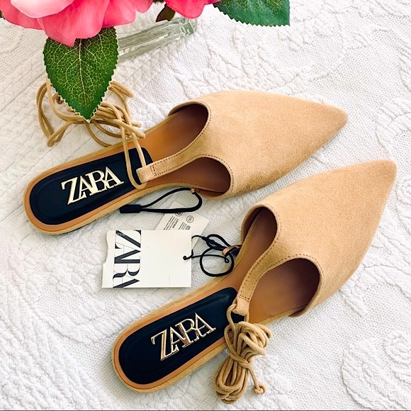 Zara Shoes - NWT Zara Lace Up Pointy Toe Tan Leather Flats 6.5